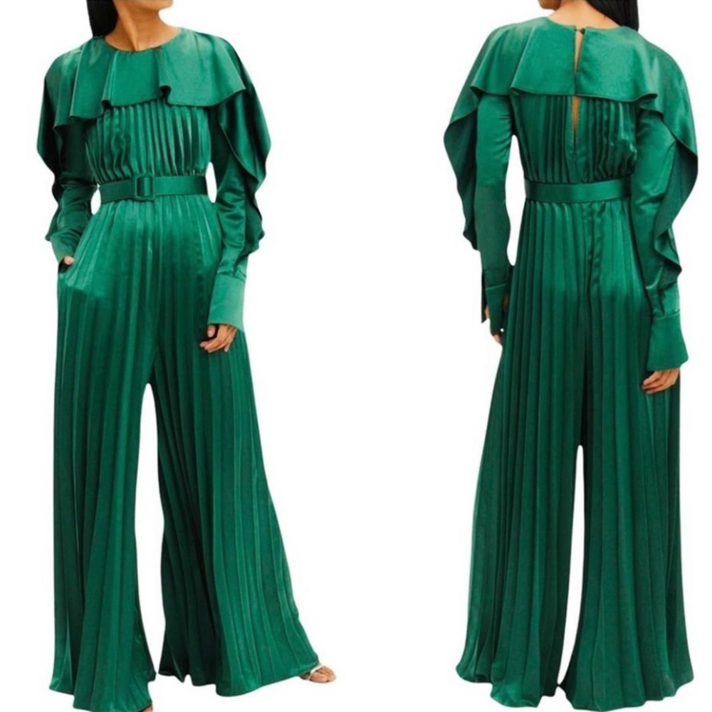 Size 8 Self Portrait Emerald Green Ruffle Pleated Maxi Wide Leg Jumper